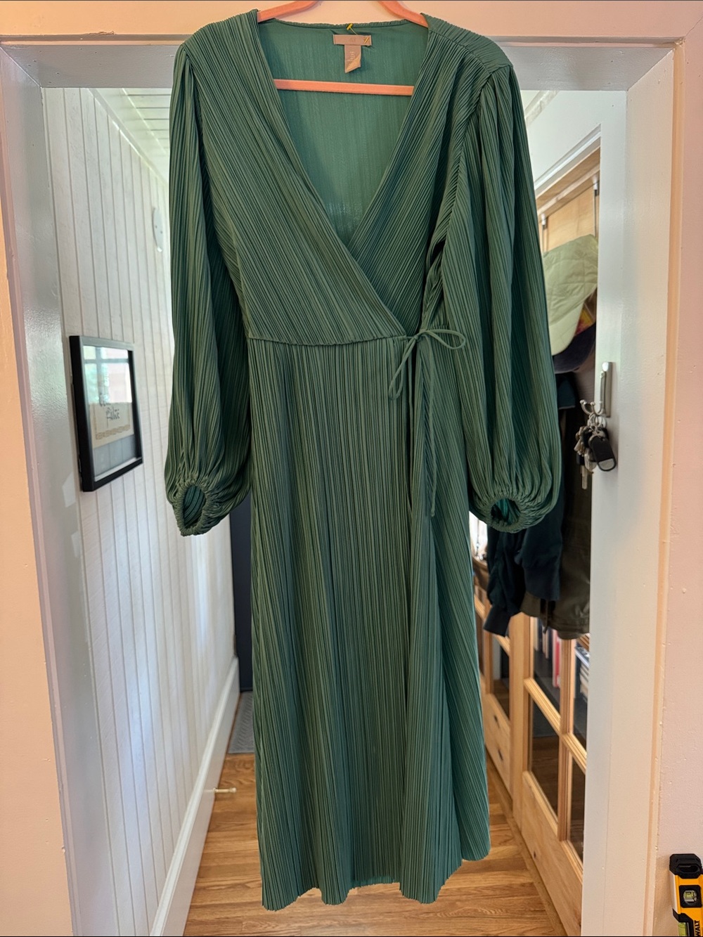 H&M Green Pleated Wrap Midi Dress with Balloon Sleeves